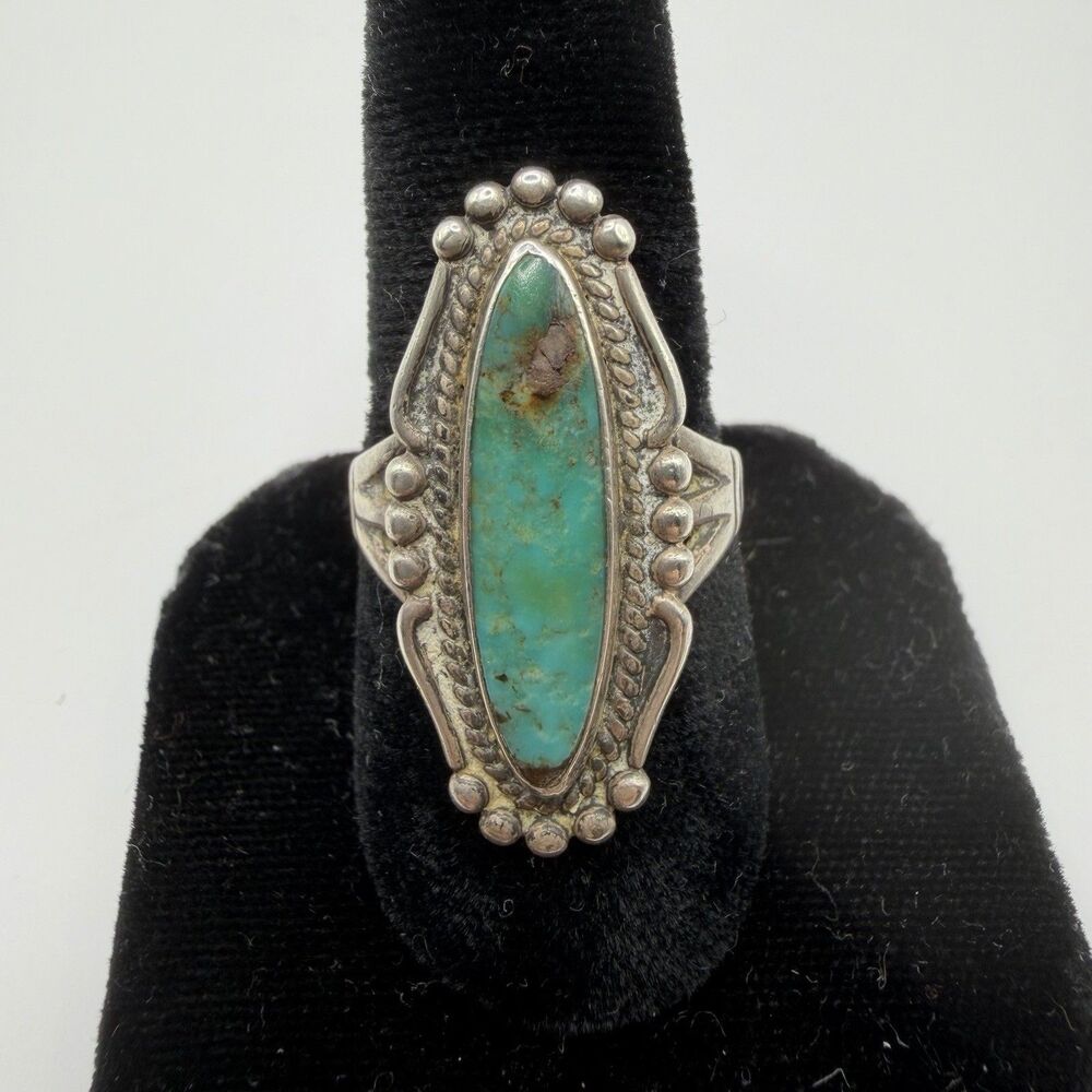 Vintage Navajo 925 Sterling Silver Turquoise Marquise Ring Size 8.75